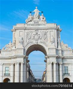 View of Rua Augusta Arch at sunset in Lisbon, Portugal