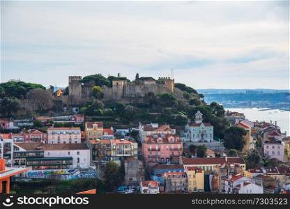 View of Saint Jorge Castle , from Senhora do Monte viewpoint in Lisbon