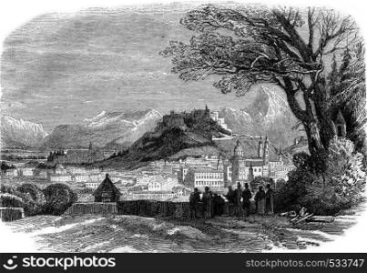 View of Salzburg, Austria, vintage engraved illustration. Magasin Pittoresque 1853.