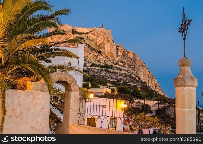 View of Santa Barbara Castle from Santa Cruz neighborhood, in the old Mediterranean town of Alicante, Spain