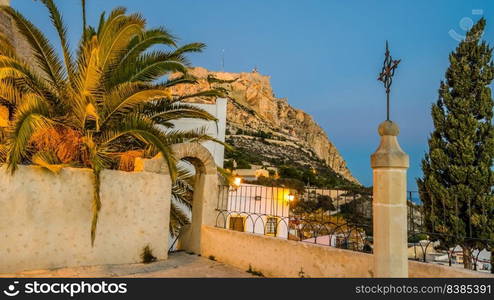 View of Santa Barbara Castle from Santa Cruz neighborhood, in the old Mediterranean town of Alicante, Spain