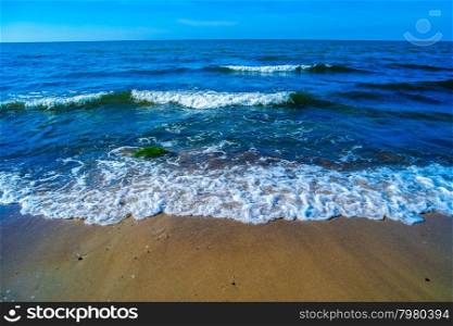 View of scenic blue sea with waves. Blue sea with waves