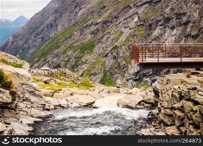 View of scenic mountains from Trollstigen viewpoint in Norway Europe, popular tourist attraction.. Trollstigen viewpoint in Norway
