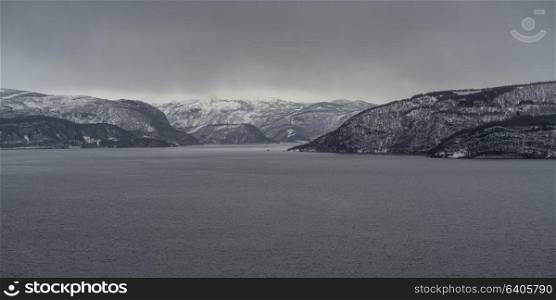 View of sea with mountains, Saltdal Fjord, Norway