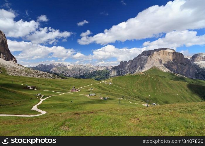 view of Sella pass between Fassa and Gardena valley, Italian Dolomites