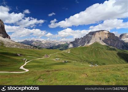 view of Sella pass between Fassa and Gardena valley, Italian Dolomites