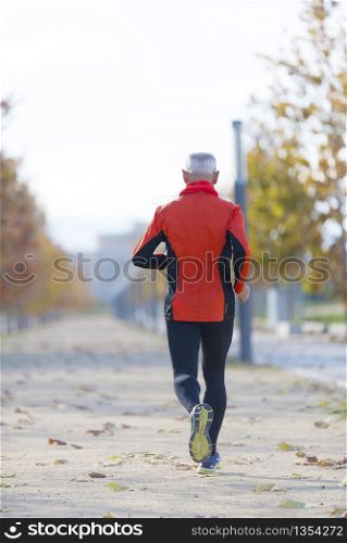 View Of Senior Man Jogging Through Park