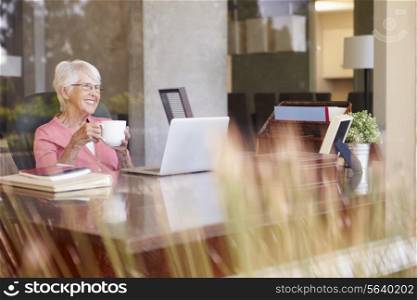 View Of Senior Woman Using Laptop Through Window