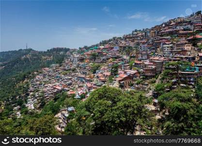 View of Shimla - the capital of Indian state Himachal Pradesh on Shivalik hills. Shimla, Himachal Prades, India. Shimla town, Himachal Pradesh, India
