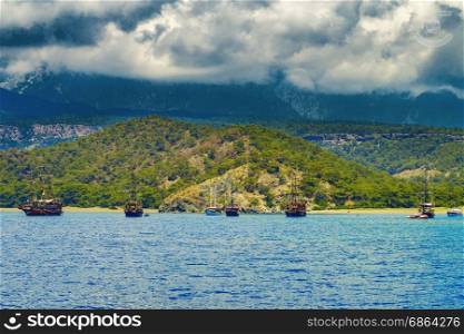 View of ships in the bay next to Phaselis in Turkey