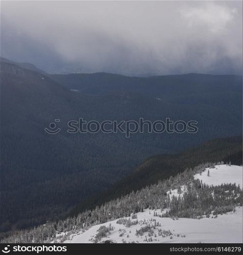 View of snow covered valley with mountains in winter, Whistler Mountain, British Columbia, Canada