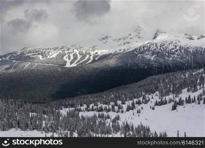 View of snowcapped mountains in winter, Whistler Mountain, British Columbia, Canada