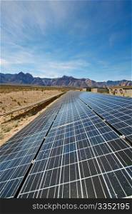 View of solar panels in the Mojave Desert.