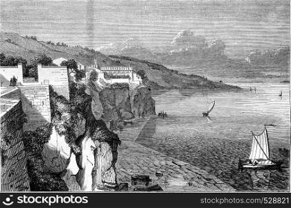 View of Sorrento, the Gulf of Naples, vintage engraved illustration. Magasin Pittoresque 1847.