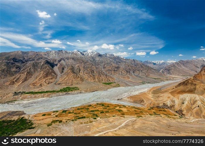 View of Spiti valley and Spiti river in Himalayas. Spiti valley, Himachal Pradesh, India. View of Spiti valley and Spiti river in Himalayas.