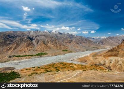 View of Spiti valley and Spiti river in Himalayas. Spiti valley, Himachal Pradesh, India. View of Spiti valley and Spiti river in Himalayas.