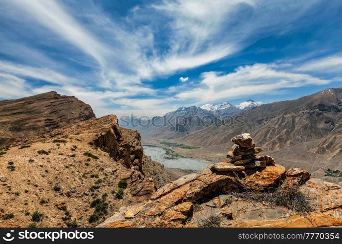 View of Spiti valley in Himalayas with stone cairn. Spiti valley, Himachal Pradesh, India. View of Spiti valley Himalayas with stone cairn . Spiti valley, Himachal Pradesh, India