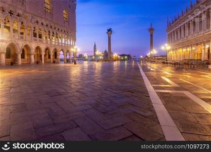 View of St. Mark&rsquo;s Square in night illumination at dawn. Venice. Italy.. Venice. St. Mark&rsquo;s Square at dawn.