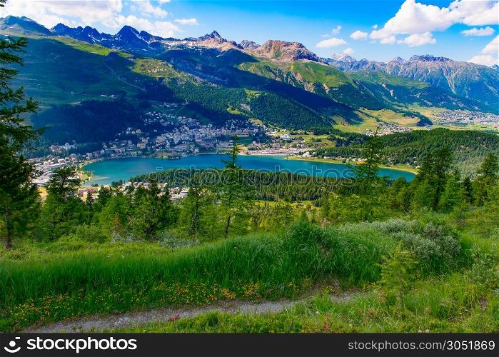 View of St. Moritz from a mountain trail in summer