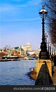 View of St. Paul&acute;s Cathedral from South Bank of Thames river in London