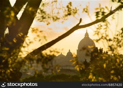 View of St. Pietro Cathedral cupola in beautiful sunset light. Roma, Italy