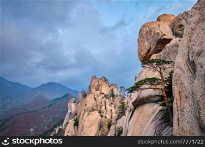 View of stone and rock formations from Ulsanbawi rock peak in stormy weather. Seoraksan National Park, South Corea. View from Ulsanbawi rock peak. Seoraksan National Park, South Corea