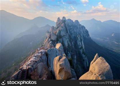 View of stones and rock formations from Ulsanbawi rock peak on sunset. Seoraksan National Park, South Corea. View from Ulsanbawi rock peak on sunset. Seoraksan National Park, South Corea