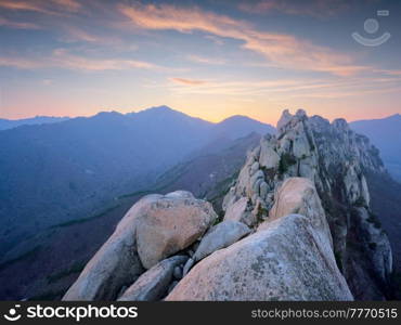 View of stones and rock formations from Ulsanbawi rock peak on sunset. Seoraksan National Park, South Corea. View from Ulsanbawi rock peak on sunset. Seoraksan National Park, South Corea