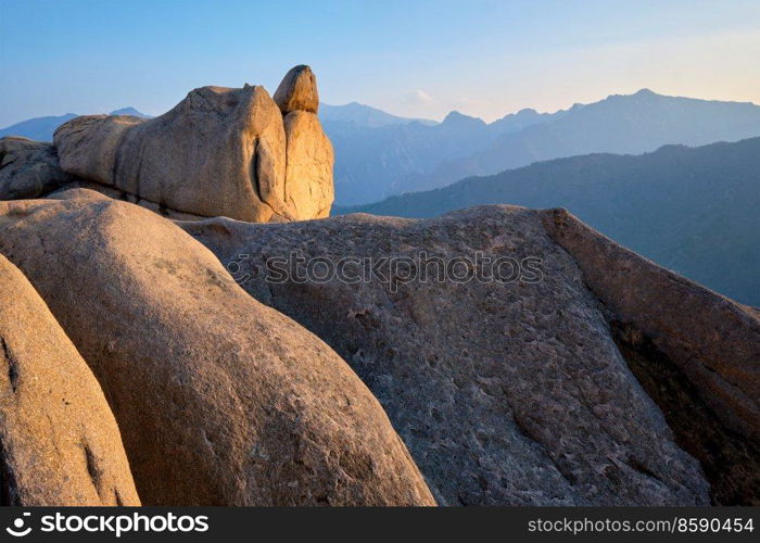 View of stones and rock formations from Ulsanbawi rock peak on sunset. Seoraksan National Park, South Corea. View from Ulsanbawi rock peak on sunset. Seoraksan National Park, South Corea
