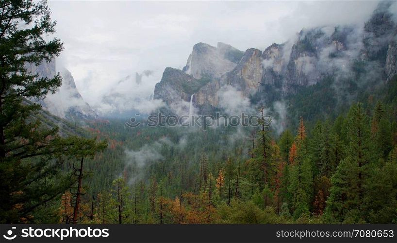 View of stormy looking Yosemite Valley