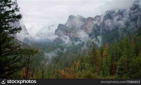 View of stormy looking Yosemite Valley