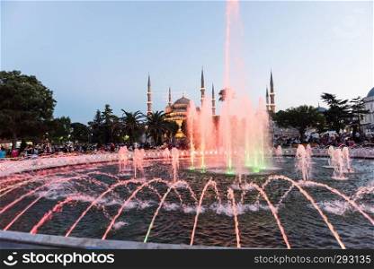 View of Sultanahmet Mosque with fountain in the foreground, Sultanahmet Park.ISTANBUL,TURKEY-JUNE 11,2017. View of Sultanahmet Mosque with fountain in the foreground, Sultanahmet Park