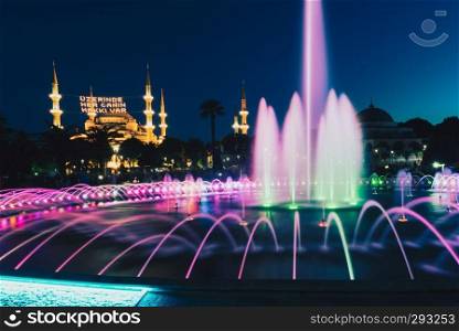 View of Sultanahmet Mosque with fountain in the foreground, Sultanahmet Park.ISTANBUL,TURKEY-JUNE 11,2017. View of Sultanahmet Mosque with fountain in the foreground, Sultanahmet Park
