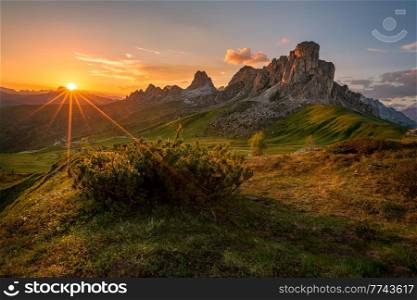 view of sunset in summer on Passo di Giau with mount Ra Gusela on background and rhododendrons on foreground, Colle Santa Lucia, Dolomites, Italy. sunset in summer on Passo di Giau with flowers on foreground, Dolomites, Italy