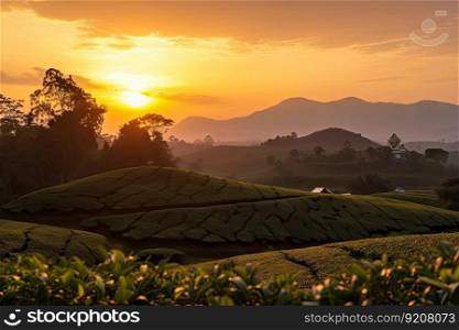 view of sunset over tea plantation, with silhouette of mountains in the background, created with generative ai. view of sunset over tea plantation, with silhouette of mountains in the background