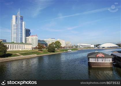 View of Svisloch river and central district Nemiga in Minsk, Belarus