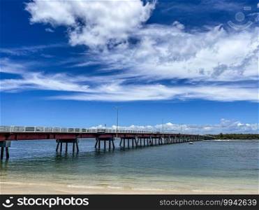 View of the 831 m long Bribie Island Bridge connecting the island to the mainland since 1963, in Queensland, Australia