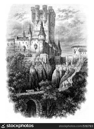 View of the Alcazar of Segovia, vintage engraved illustration. Magasin Pittoresque 1844.
