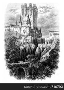 View of the Alcazar of Segovia, vintage engraved illustration. Magasin Pittoresque 1844.