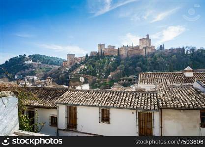 View of the Alhambra of Granada from the Albaicin in the morning. View of the Alhambra of Granada from the Albaicin