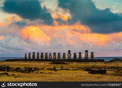View of the ancient Moai of Ahu Tongariki on Easter Island or Rapa Nui in Chile