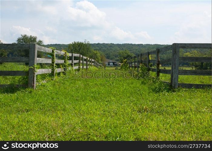 View of the ancient wooden fence on the farm.