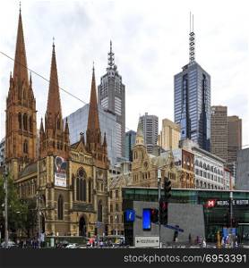View of the Anglican St Paul Cathedral and part of the Central Business District, in Melbourne, Victoria, Australia