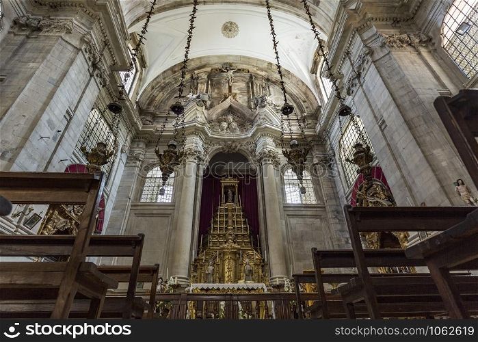 View of the Baroque and Italianized Neoclassical main chapel of the Church of the Monastery of Saint Mary of Lorvao, Coimbra, Portugal