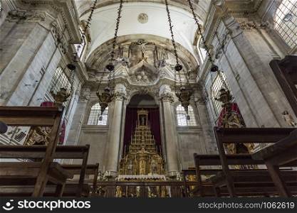 View of the Baroque and Italianized Neoclassical main chapel of the Church of the Monastery of Saint Mary of Lorvao, Coimbra, Portugal