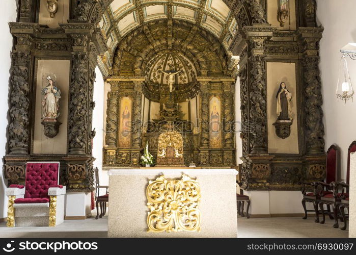 View of the Baroque high altar of late sixteenth century Church of the Santa Clara Monastery in Braganca, Portugal