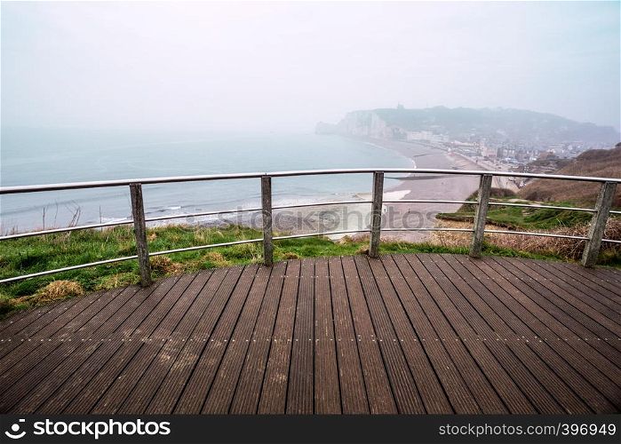view of the bay and the city of Etretat from the observation deck. France