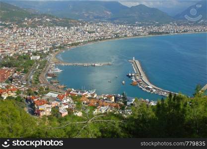 View of the bay in Alanya from the mountain on a sunny summer day