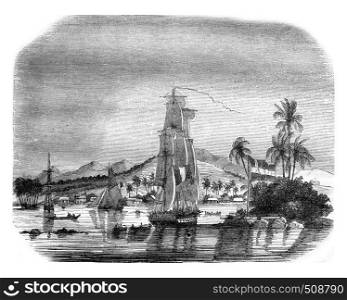 View of the Bay of Papeete and the island of the Queen, vintage engraved illustration. Magasin Pittoresque 1843.