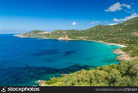View of the beach and coastline at Cargese on the west coast of Corsica